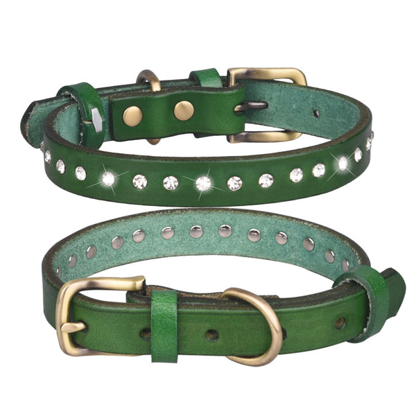 Shiny Rhinestone Metal Buckle Real Leather Dog Collar